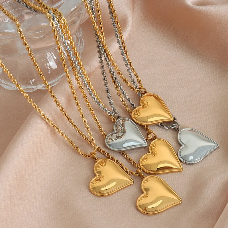 New Trendy 18k Gold Plated Stainless Steel Gift Texture Double Heart Drop Earrings Necklace Luxury Jewelry Set for Women