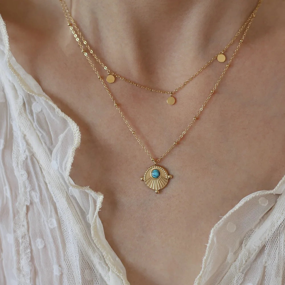 Moge Ethnic Style Artificial Turquoise Bohemian Double-layer Chain Necklace Stainless Steel 18K Gold Plated Jewelry for Women