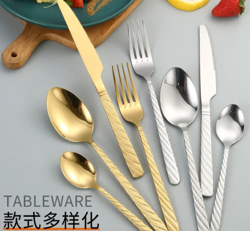 New Flatware Set Stainless Steel Threaded Handles Knives Forks Spoons Gold Cutlery Set for Wedding Silverware