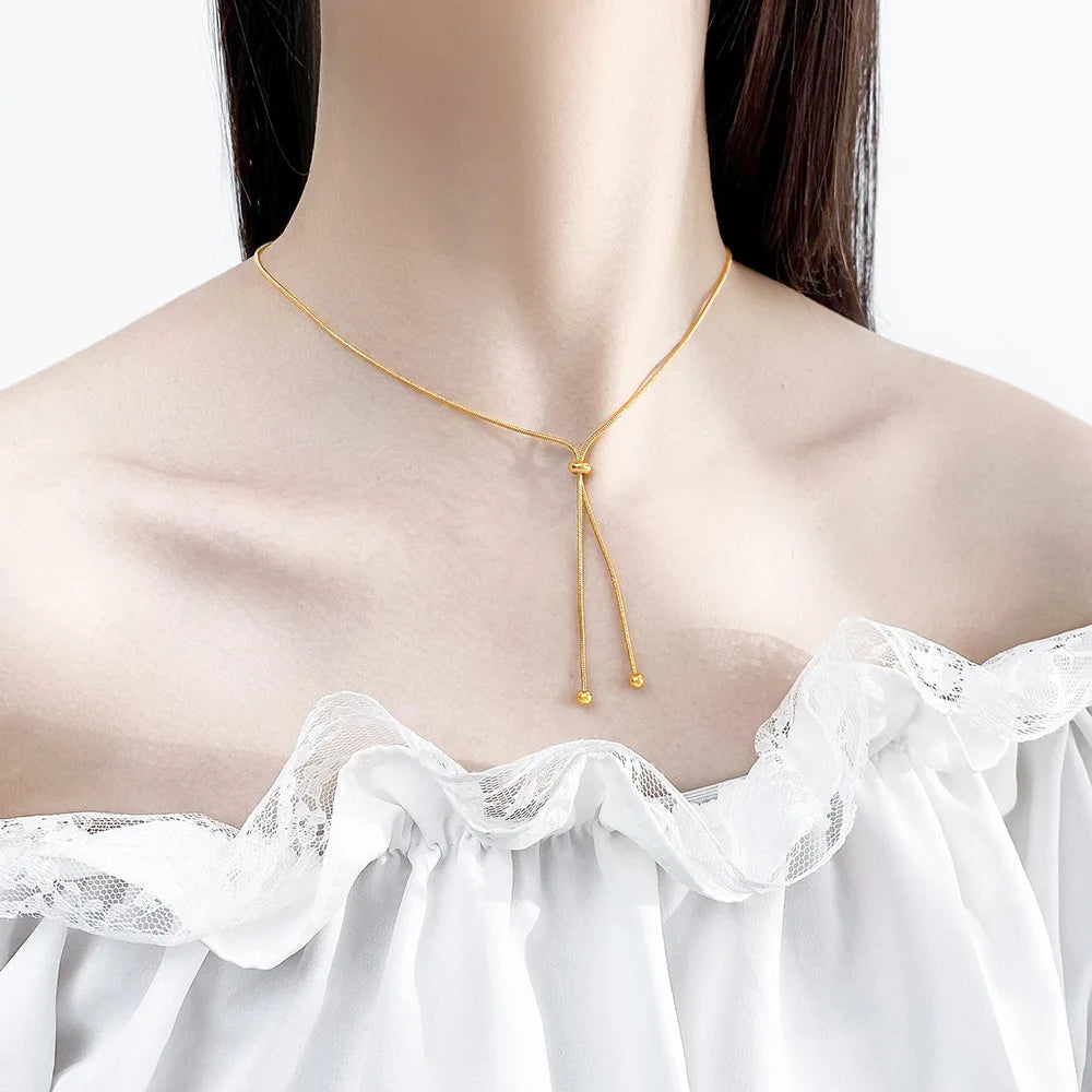 Simple Stainless Steel Pull Adjustable Necklace Real Gold Plated Titanium Steel Clavicle Chain Tassel Necklace for Women