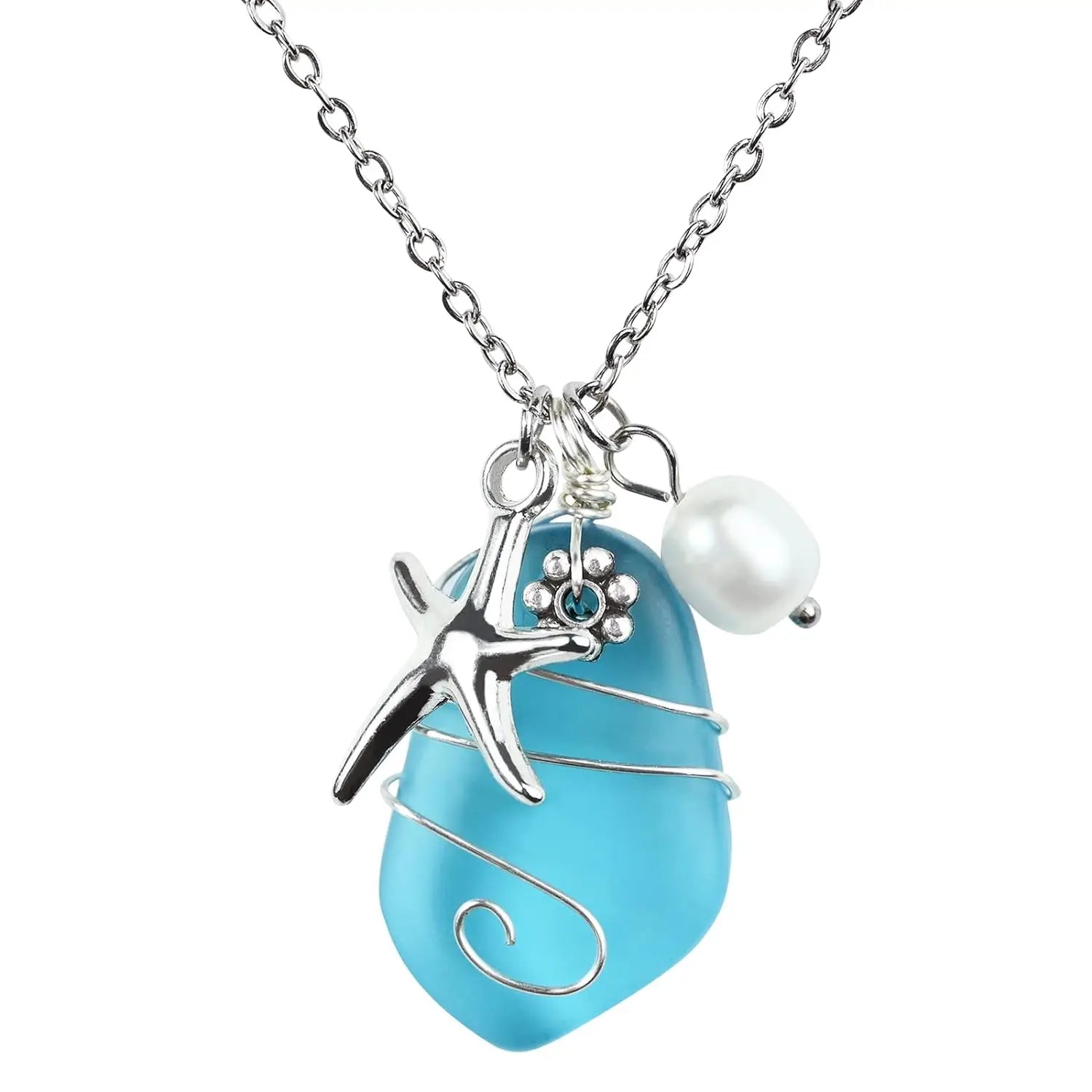 Sea Glass Necklace Wire Wrapped Beach Necklaces with Starfish Pendant Handmade Necklaces Gift for Women Girls