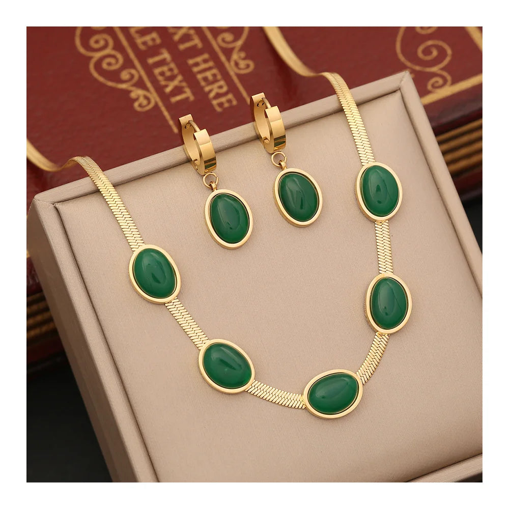 New Women Glamour Stainless Steel Green Stone Earring Necklace Joyeria De Acero Inoxidable
