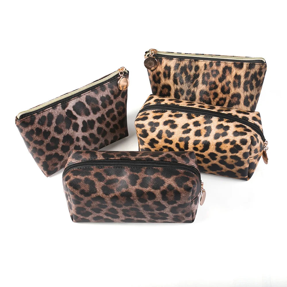 Portable Casual Zipper Round Circle Puller Female Women Lady Cute Leopard Print Pattern Cosmetic Bag Makeup Wash Beauty Pouch