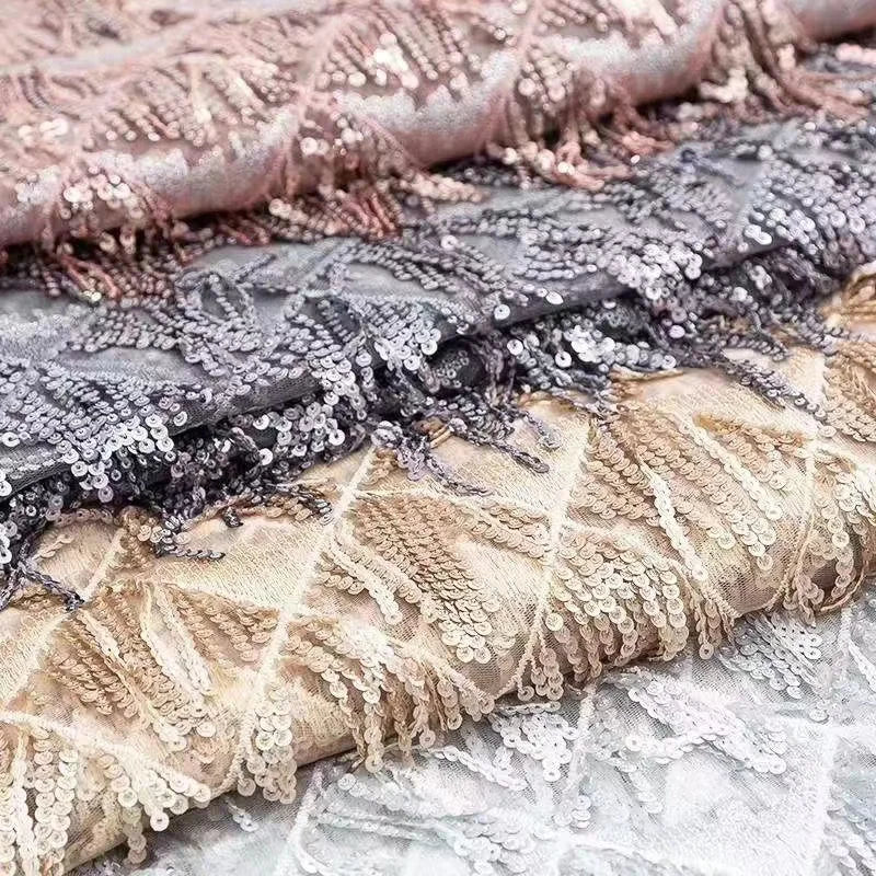 Tassel Fringe Sequin Lace Fabric for African Garments Wedding Dress