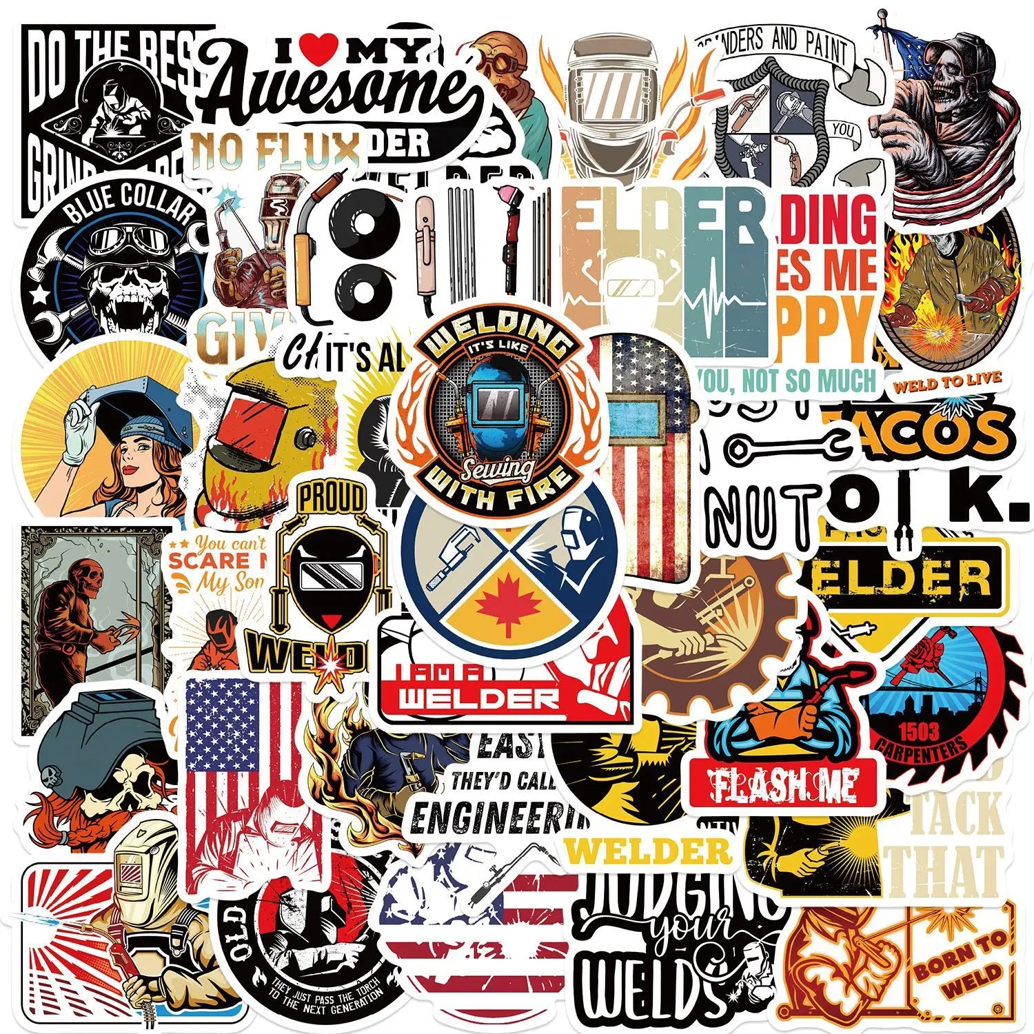 50 Pcs Welder Graffiti PVC Self Adhesive Stickers for Draw bar Box Guitar Water Bottle Cupboard and Books