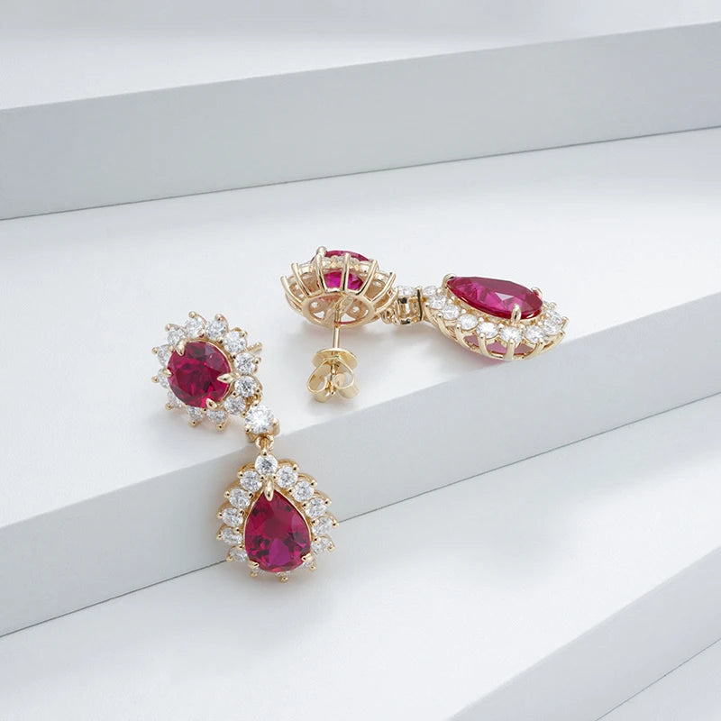 Starsgem 14K Solid Gold Lab Grown Sapphire Ruby Emerald Gemstone with Moissanite Drop Earrings for Women Jewelry