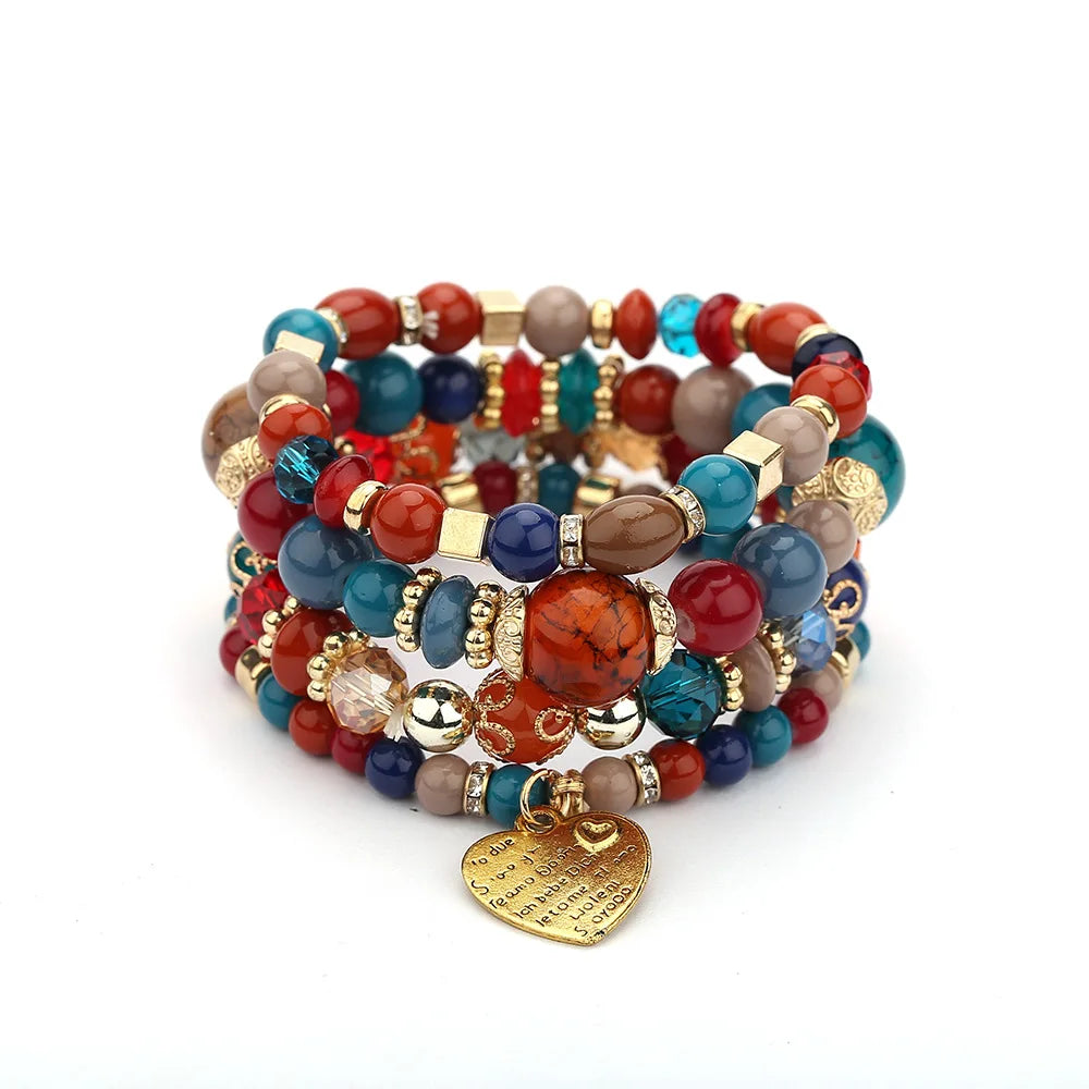 Risingmoon  Ethnic National Style Multi-layer Crystal Beaded Lady Jewelry Wholesale Small Quantity Bohemian Heart Bracelet