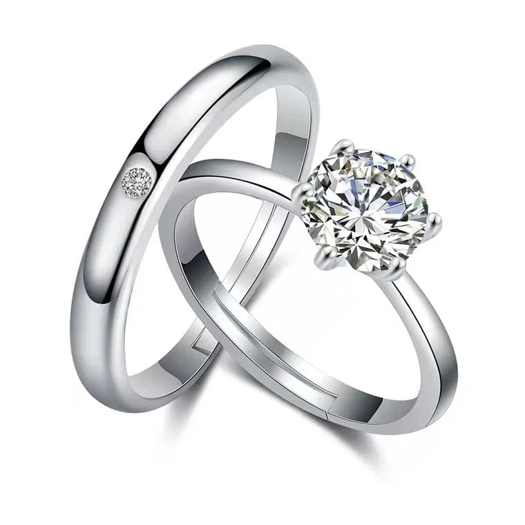 2 Pcs/set Trendy Shining Cubic Zircon Diamond Wedding Ring Open Adjustable Couple Rings Valentine's Day Gift