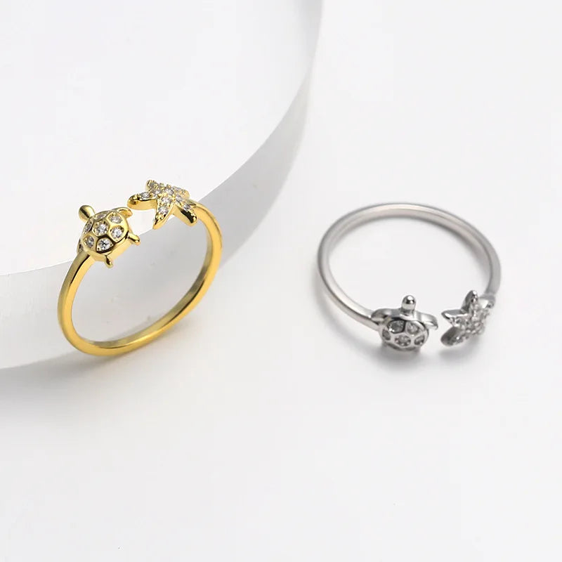 Trendy 925 Sterling Silver Turtle Tortoise Starfish Finger Ring With Rhinestone for Women Girls Jewelry Hot Sale