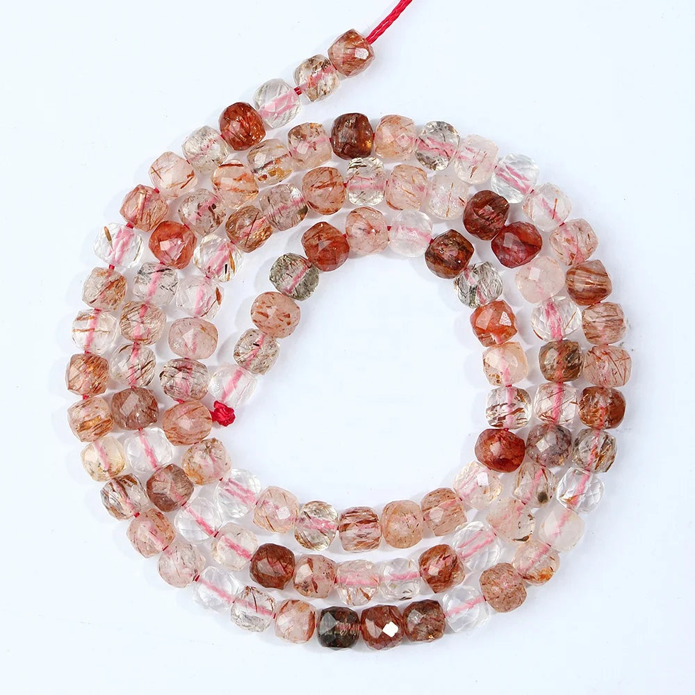 JSES 4mm A+ Natural Copper Rutilated Quartz Cube Faceted Beads for Jewelry Making DIY Wholesale Stone and Crystal Beads