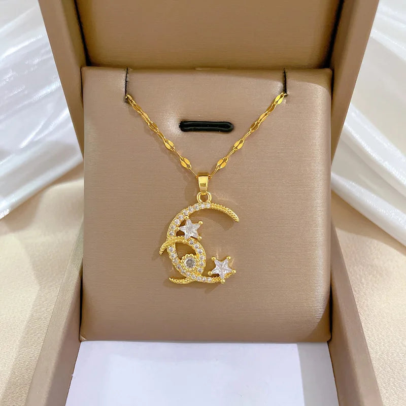 Trendy Star Moon Light Luxury Banquet Wedding Necklace Popular Women's Gold Stainless Steel Titanium Steel Necklace
