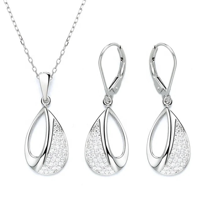 Pure Silver 925 Water Drop Necklace and Dangle Earrings Jewelry Set for Women