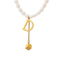 Gold Plated Stainless Steel Necklace with Round Sign Geometric Pendant Trendy Letter Jewelry Featuring Pearl Partner Gift