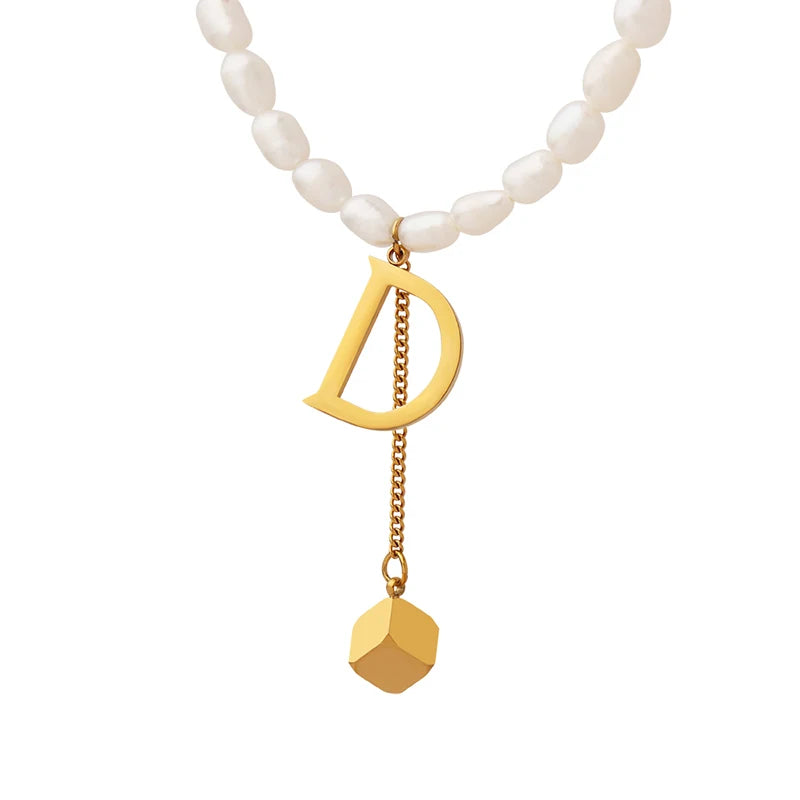 Gold Plated Stainless Steel Necklace with Round Sign Geometric Pendant Trendy Letter Jewelry Featuring Pearl Partner Gift