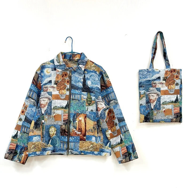 Custom Tapestry Clothing  Van Gogh Bomber Tapestri Jacket Set Manufacturer Jacquard Plus Size Men's Jackets