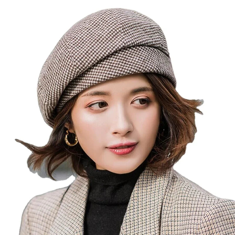 Ladies French Plaid Beret Fashion Female Elegant Wool Hats Cap Women's Plaid Painter Hat