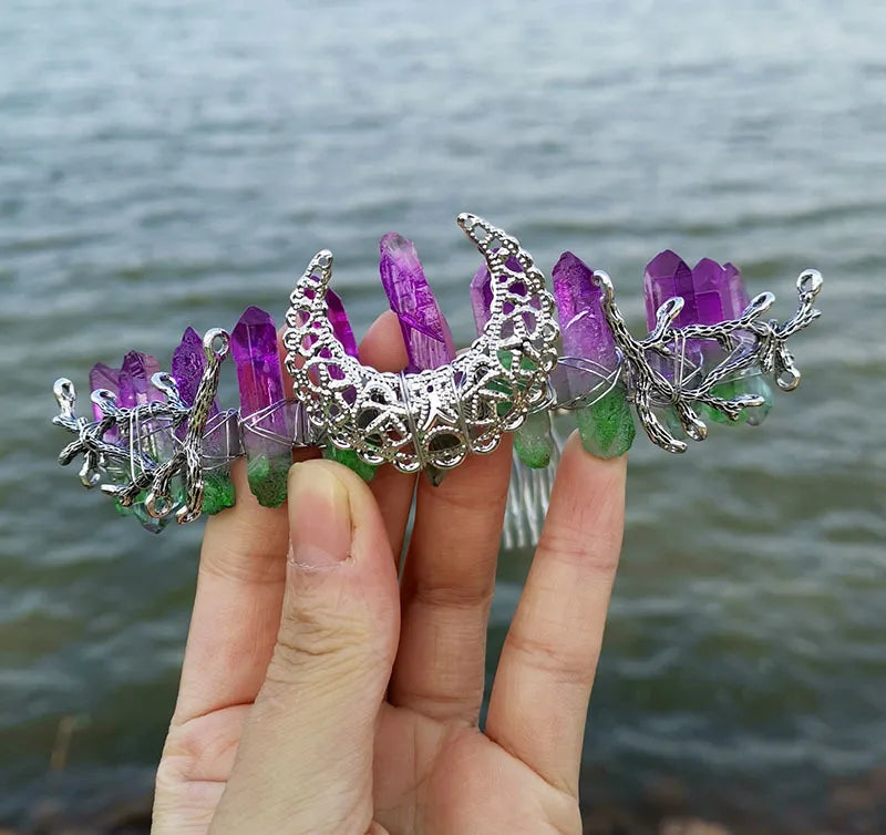 DIY Natural Made Natural Plating Purple Green Crystal Moon Hairband Ancient Silver Branch Hair Comb Crown Headband-