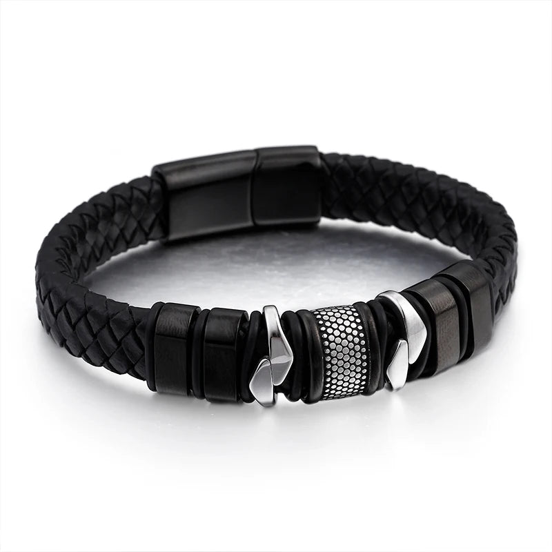 KALEN Vintage Black Braided Leather Men Stainless Steel Jewelry Gift Bracelet