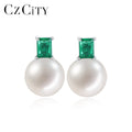 CZCITY Silver Cubic Zirconia Trendy S925 Geometric 925 Sterling Zircon Jewelry Earing Pearl Stud Earrings