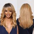 Moq 1 Factory Wholesale Golden Wavy Synthetic Wigs with Bangs Ombre Blonde Wigs Medium Length Fluffy Realistic Hair
