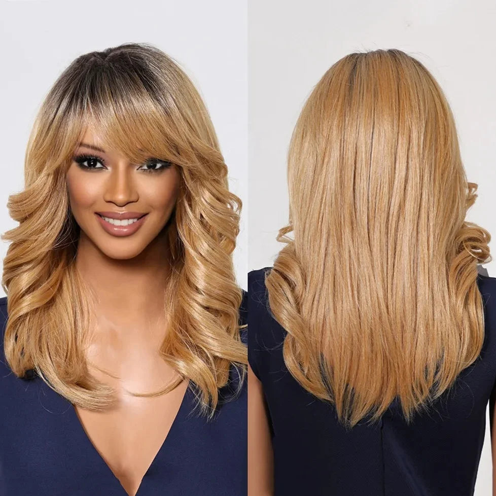 Moq 1 Factory Wholesale Golden Wavy Synthetic Wigs with Bangs Ombre Blonde Wigs Medium Length Fluffy Realistic Hair