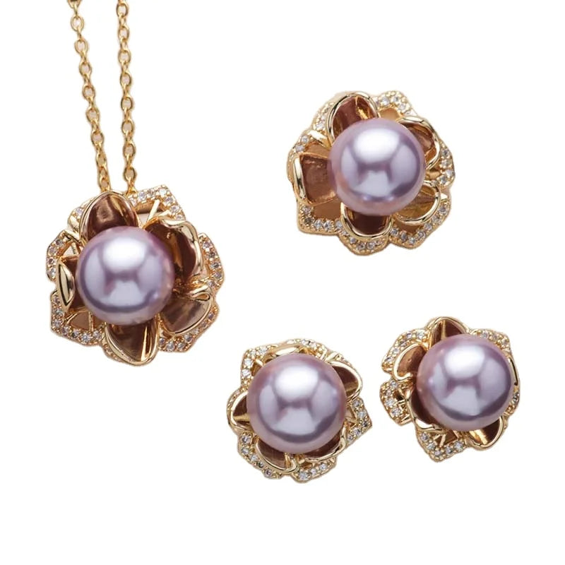 Mother Gift Christmas Anniversary Fashion Women Costume Flower Chain Shell Pearl Rhinestones Earrings Rings Necklace Jewelry Set