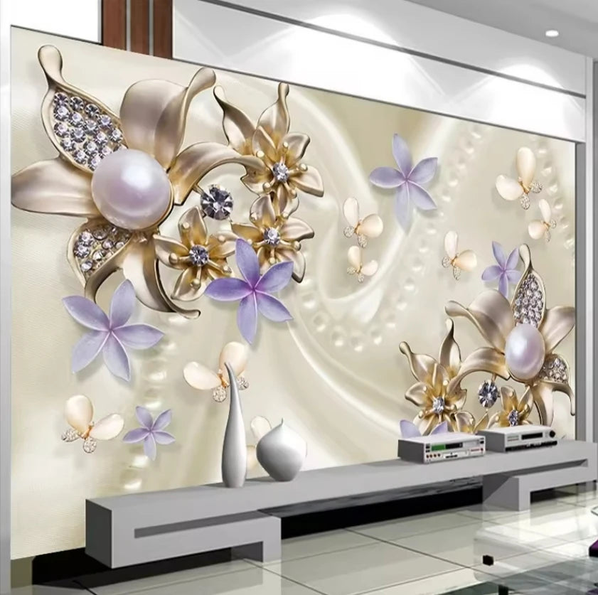 European Style 3D Stereo Pearl Diamond Butterfly Flower Wallpaper Waterproof Anti-Static Living Room TV Sofa Backdrop Wall