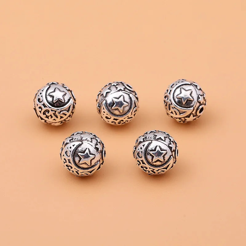 925 Sterling Silver Engrave Sun Star Moon Round Charm Beads for Bracelet Necklace Making Wholesale