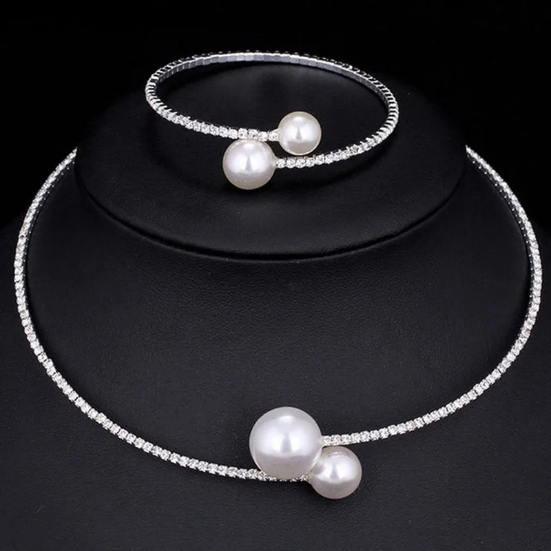 Elegant Baroque Pearl Necklace  Set Open Adjustable Crystal Bridal Wedding Necklace  Jewelry Set