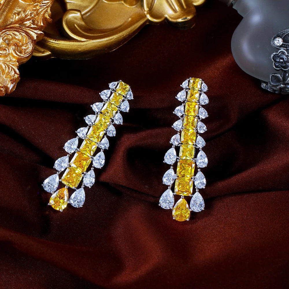 Luxury Shiny Yellow Square Cubic Zirconia Long Water Drop Bridal Wedding Party Dangle Earrings for Women Fashion Jewelry