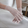 Women's Short Tulle Lace Beaded Crystal Accents Sparkling Rhinestone White Satin Finger Style Gloves for Weddings Bridal Events