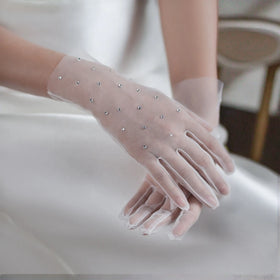 Women's Short Tulle Lace Beaded Crystal Accents Sparkling Rhinestone White Satin Finger Style Gloves for Weddings Bridal Events
