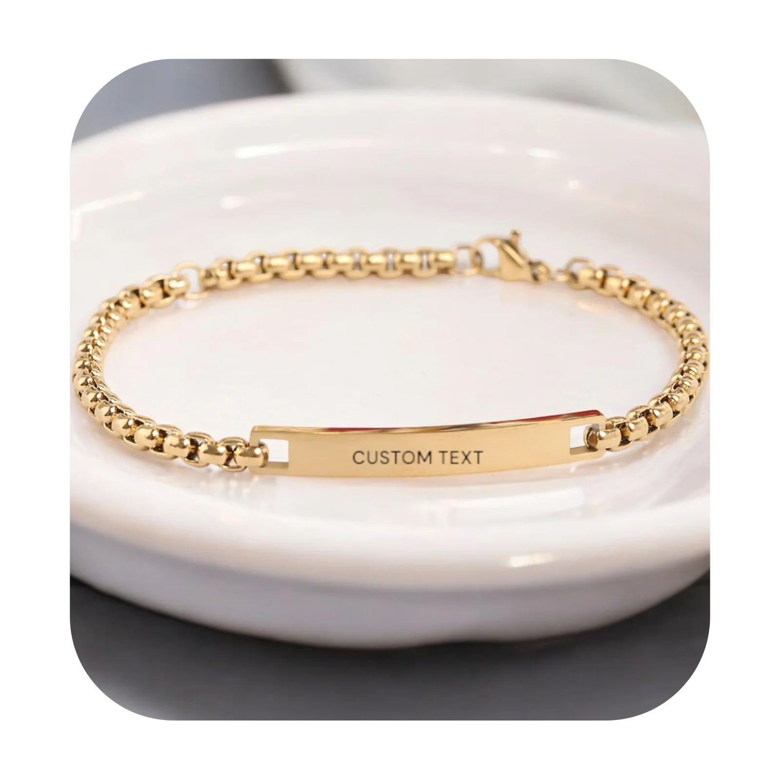 Simple Inspirational Jewelry Stainless Steel Female Personalized Curved Bar Box Chain Bracelet Gold Engraved Custom Bracelet