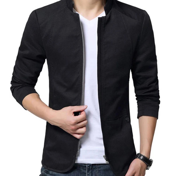 Autumn Men Blazer Casual Solid Color Stand Collar Zipper Pockets Thin Slim Blazer Coat Fashion Cardigan Male Clothing
