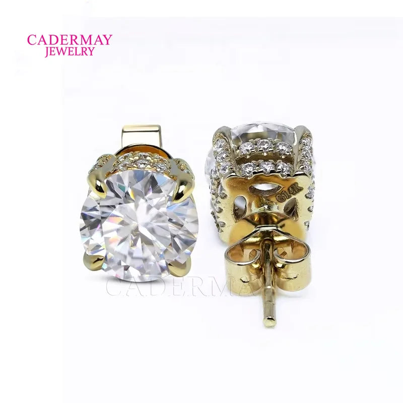 Cadermay Custom 14K Yellow Gold Moissanite Stud Earrings 6.5mm 1ct White D Color Round Moissanite Diamond Daily Wear Ear Studs