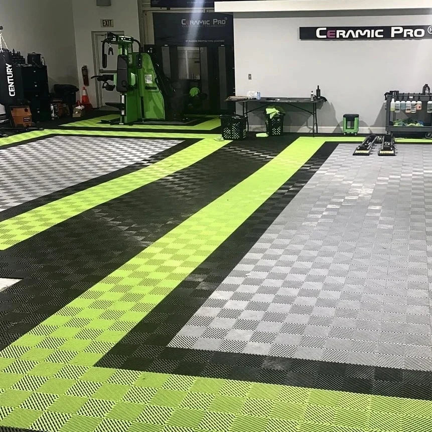 Rigid Modular Anti-Slip Interlocking Garage Floor Tiles Car Wash Drainage PP PVC Car Parking Carwash Garage Graphic Design
