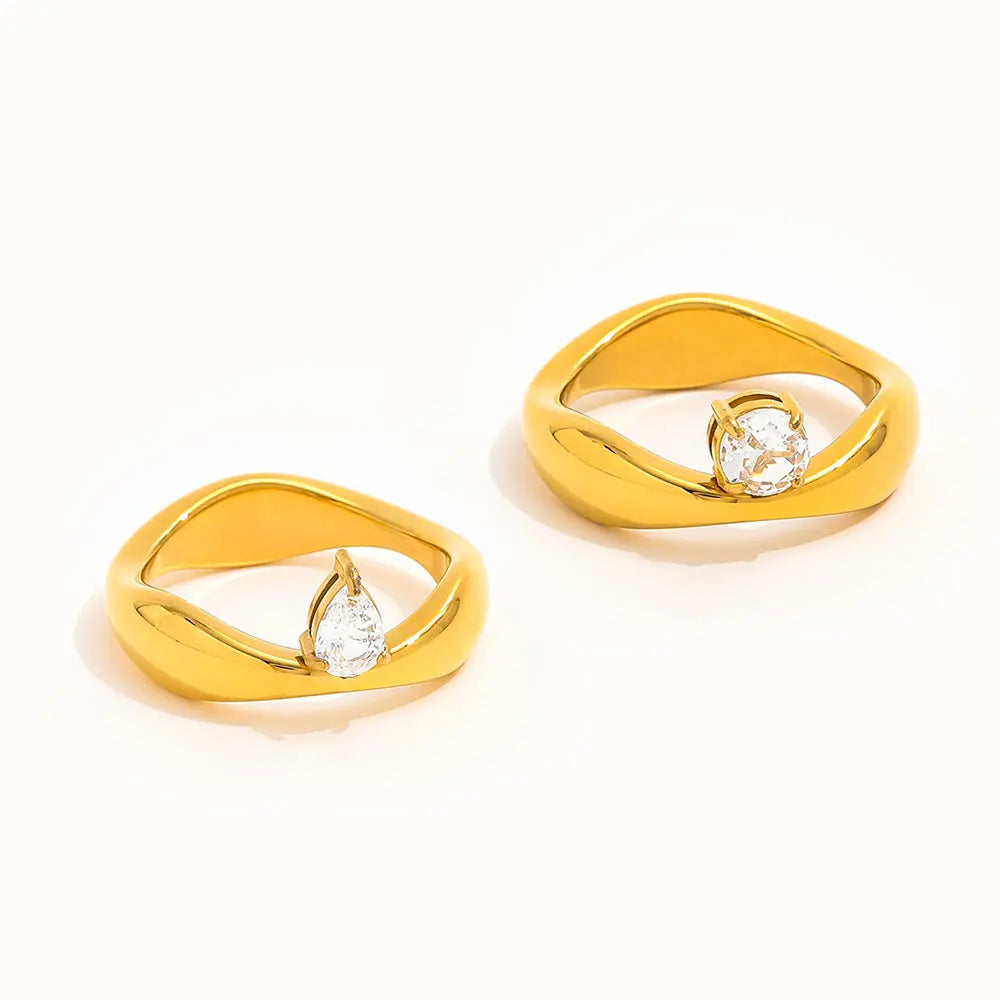 Joolim Jewelry Wholesale 18K Gold Plated Water Drop Round Zircon Waved Cambered Stainless Steel Ring for Women Gift