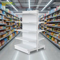 2025 Fashion Customized Light Duty White Steel Plate Epoxy Powder Coated Double-Sided Supermarket Gondola Shelf Quick