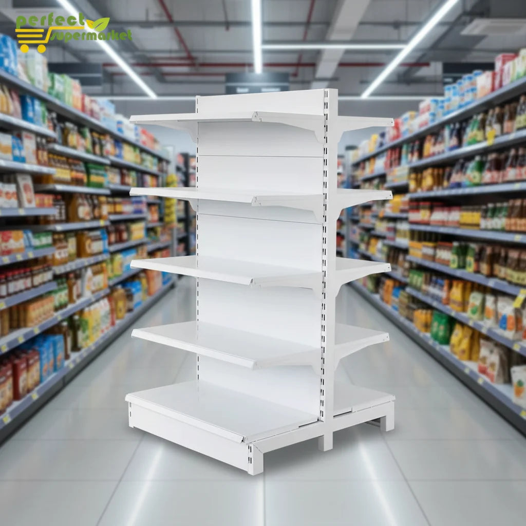 2025 Fashion Customized Light Duty White Steel Plate Epoxy Powder Coated Double-Sided Supermarket Gondola Shelf Quick