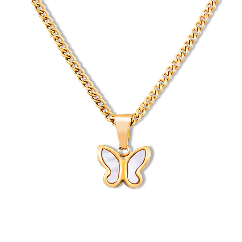 Dainty Shell Butterfly Jewelry Necklace 18K Gold Plated Stainless Steel Cuban Chain Pendant Trendy Gift for Women