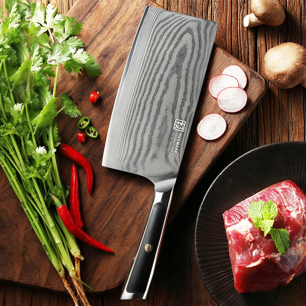 KEEMAKE Ultra Sharp Heavy Duty 7 Inch Cleaver Knife Professional 67 Layers Damascus Steel Kitchen Butcher Knife with Gift Box