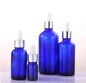 Luxury Blue Glass Dropper Bottle 30ml/1oz Wholesale 100pcs Screen Printing Carton Packaging