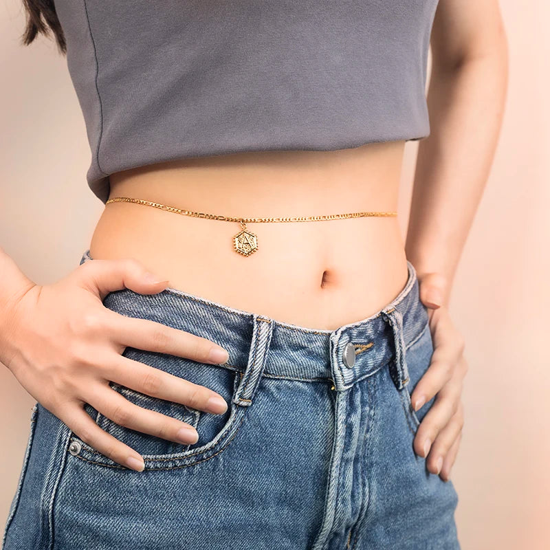 Custom Letter Stainless Steel Body Chain 18k Gold Plated Waterproof Belly Chain Women Wholesale Body Jewelry Nk Figaro Chain