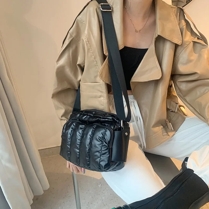 Luxury Space Shoulder Bags for Women Winter Crossbody Down Bag Designer Handbag Wide Shoulder Strap Messenger Pack