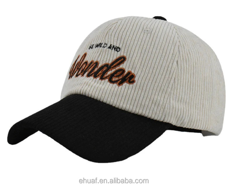 6 Panel Custom Embroidery Constructed Two Contrasting Colors Corduroy Baseball Cap with Adjustable Buckle Closure