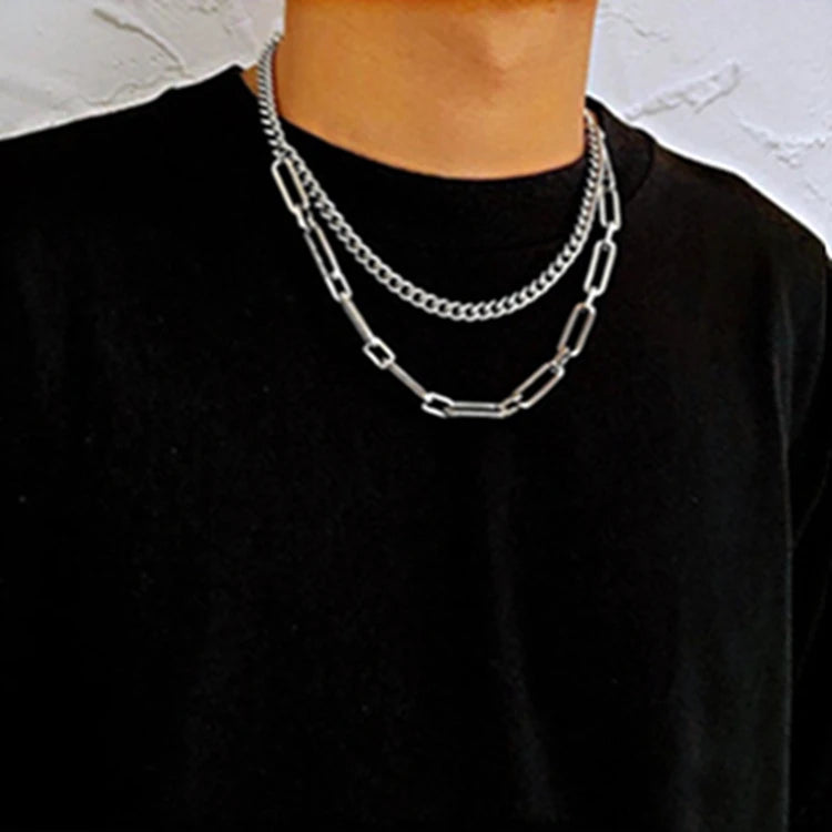 TY-14 Fashion Wholesale Double Layers Hip Hop Men Metal Jewelry Silver Chain Necklace