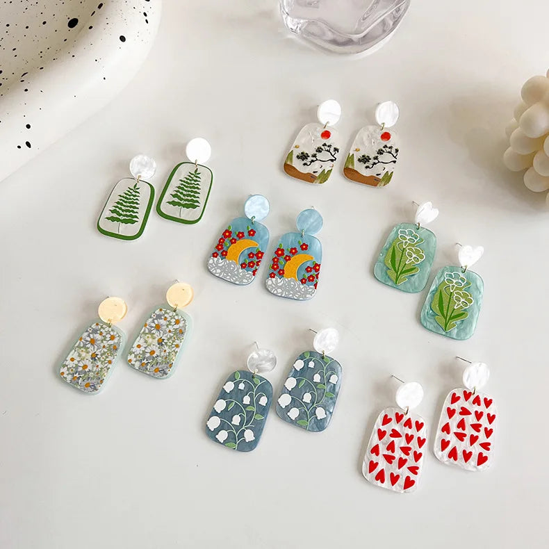 2022 New Arrival Spring Flower Leaves Transparent Acrylic Red Heart Earrings Acetic Acid Earrings for Women