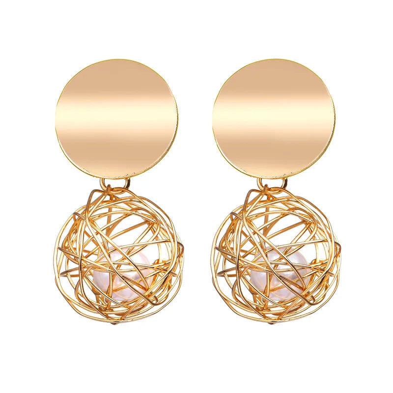 Geometric Steel  Earrings Simple Woven Ball Pearl Korean Earrings Metal Personality