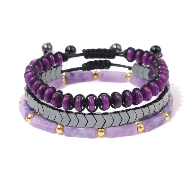 3PCs Gemstone Bracelet Set for Men Women Jewelry Semi-Precious Amethyst Hematite Handwoven Dainty Adjustable Stone Bracelet