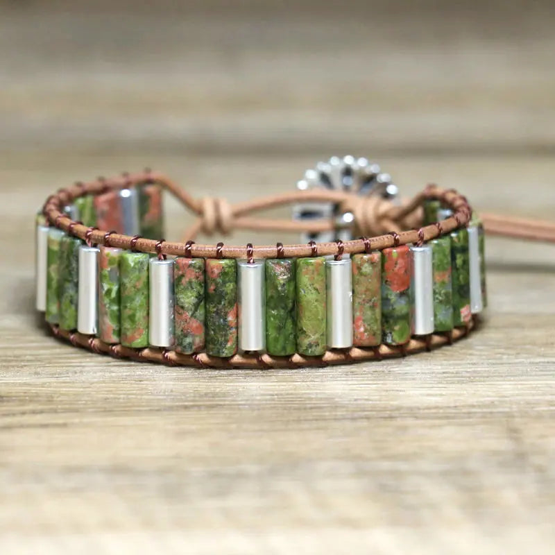 Dainty Unakite Stone Bracelet for Women Fashion Jewelry Yoga Meditation Handmade Bohemian Leather Wrap Natural Gemstone Bracelet